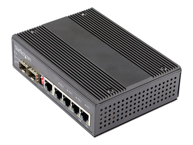 StarTech.com Industrial 6 Port Gigabit Ethernet Switch, 4 PoE RJ45 +2 SFP Slots 30W PoE+ 12-48VDC 10/100/1000 Rugged Power Over Ethernet LAN Switch -40C to 75C, DIN Mountable, Hardened - Fast Ethernet Switch (IES1G52UP12V) - switch - 6 ports