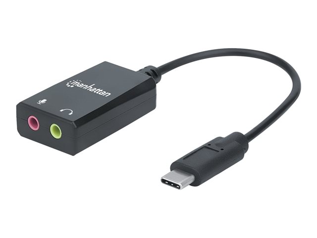 Manhattan USB-C Audio/Sound Adapter (Clearance Pricing), USB-C to 3.5mm Mic-in and Audio-Out ports, 480 Mbps (USB 2.0), supports 2.1 stereo, Cable 11cm, Black, Three Year Warranty, Box - sound card