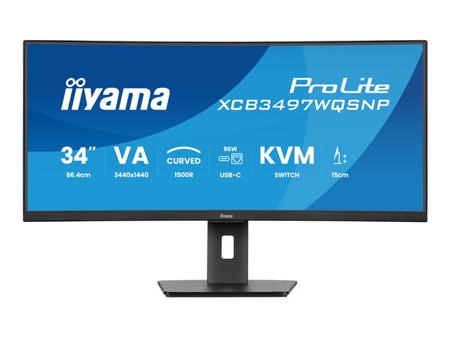 iiyama ProLite XCB3497WQSNP-B1 - LED monitor - curved - 34" - 3440 x 1440 UWQHD @ 120 Hz - VA - 350 cd/m² - 3000:1 - 0.4 ms - HDMI, DisplayPort, USB-C - speakers - matte black