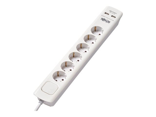 Tripp Lite 6-Outlet Surge Protector with USB Charging - German Type F Schuko Outlets, 220-250V, 16A, Schuko Plug, White - surge protector