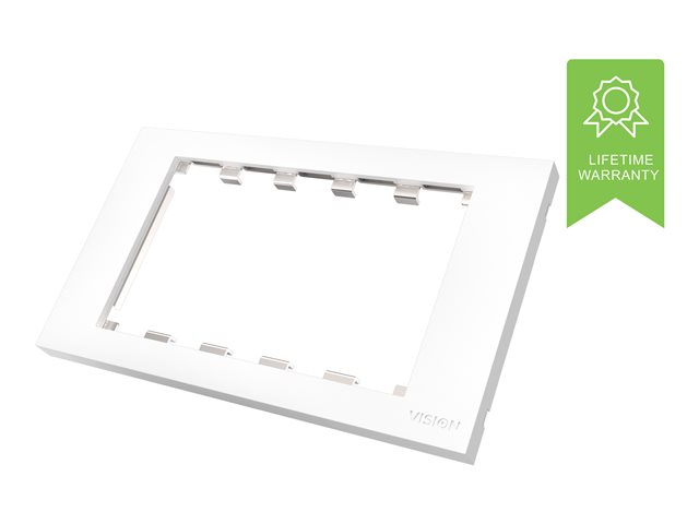 VISION Techconnect Modular AV Faceplate - LIFETIME WARRANTY - Double-Gang UK surround - frame which accommodates 5 modules - fits to TC3 BACKBOX2G, TC3 BACKBOX2GT, or TC2 MUDRING2G, or any standard double-gang UK backbox (pattress) 146 x 86mm / 5.8 x 3.4"