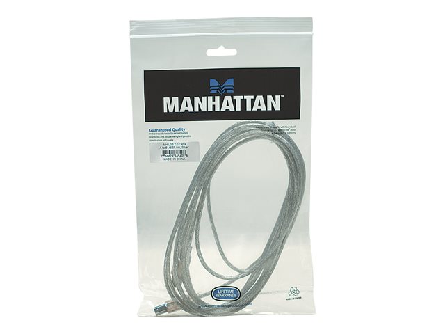 Manhattan USB-A to USB-B Cable, 5m, Male to Male, Translucent Silver, 480 Mbps (USB 2.0), Hi-Speed USB, Lifetime Warranty, Polybag - USB cable - USB to USB Type B - 5 m