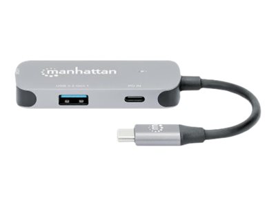 Manhattan USB-C Dock/Hub, Ports (x3): HDMI, USB-A and USB-C, With Power Delivery (100W) to USB-C Port (Note add USB-C wall charger and USB-C cable needed), All Ports can be used at the same time, Aluminium, Space Grey, Three Year Warranty, Retail Box - d