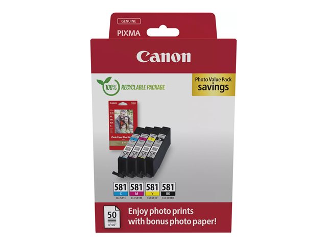 Canon CLI-581 C/M/Y/BK Photo Value Pack - 4-pack - 5.6 ml - black, yellow, cyan, magenta - original - box - ink tank / paper kit - for PIXMA TS6251, TS6350, TS6351, TS705, TS8252, TS8350, TS8351, TS8352, TS9550, TS9551