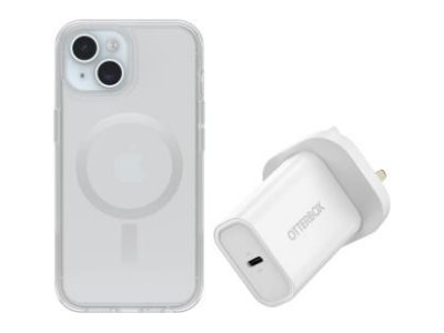 OtterBox Symmetry Series - Back cover for mobile phone - MagSafe compatibility - clear - with Premium Glass Screen protector and Fast Charge Wall Charger USB-C 30W - for Apple iPhone 16