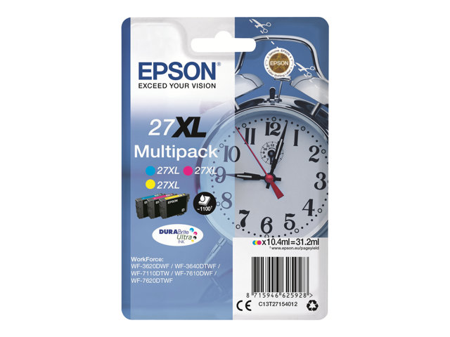 Epson Ink Cartridges, DURABrite" Ultra, 27XL, Alarm clock, Multipack, 1 x 10.4 ml Yellow, 1 x 10.4 ml Magenta, 1 x 10.4 ml Cyan, XL