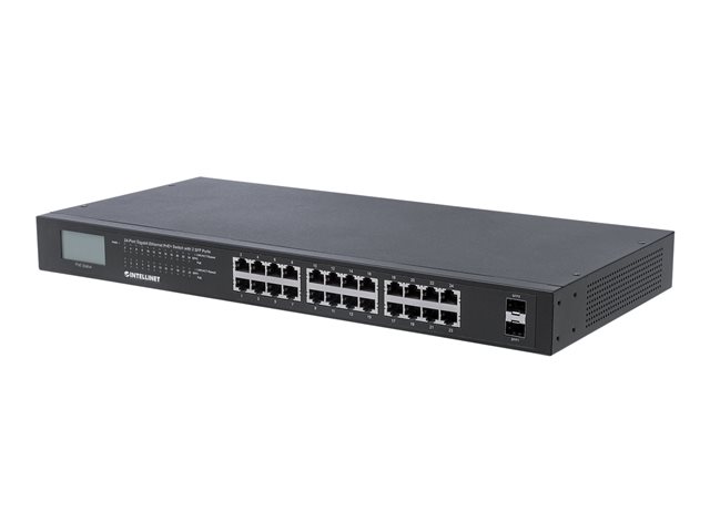 Intellinet 24-Port Gigabit Ethernet PoE+ Switch with 2 SFP Ports, LCD Display, IEEE 802.3at/af Power over Ethernet (PoE+/PoE) Compliant, 370 W, Endspan, 19" Rackmount (UK Power Cord) - switch - 24 ports - unmanaged - rack-mountable