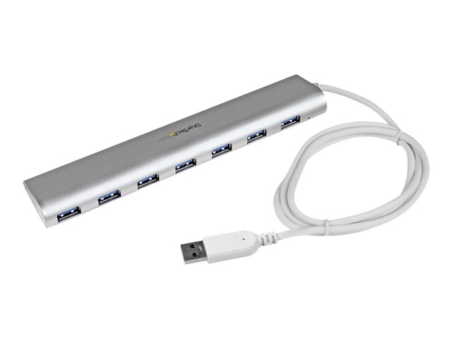 Startech 7 Port Compact USB 3.0 Hub with Built-in Cable - Aluminum USB Hub - Silver USB3 Hub with 20W Power Adapter (ST73007UA) - USB peripheral sharing switch - 7 x SuperSpeed USB 3.0 - desktop