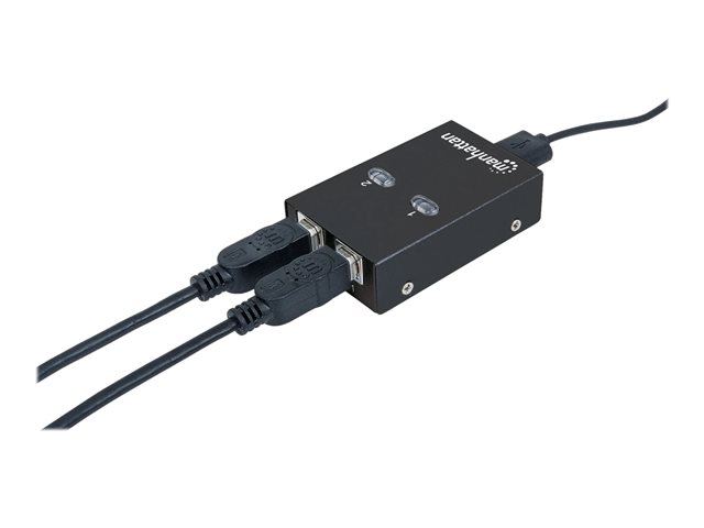 Manhattan USB-A Automatic Sharing Switch, 2x USB-B Ports, 480 Mbps (USB 2.0), Dual Control (Auto-Sensing or Manual), Bus Powered, Hi-Speed USB, inc 1x 1.5m USB-A to USB-B cable, Black, Three Year Warranty, Blister - USB peripheral sharing switch - 2 ports