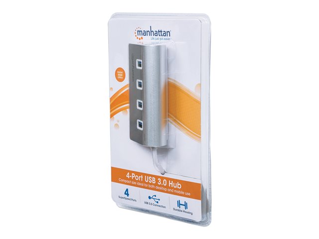 Manhattan USB-A 4-Port Hub, 4x USB-A Ports, 5 Gbps (USB 3.2 Gen1 aka USB 3.0), Bus Powered, Fast charging up to 0.9A, SuperSpeed USB, Aluminium Housing, Windows and Mac, Silver, Three Year Warranty, Blister - hub - 4 ports