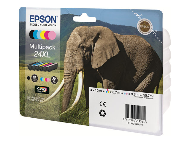 Epson Ink Cartridges, Claria" Photo HD Ink, 24, Elephant, Multipack, 1 x 5.1 ml Black, 1 x 5.1 ml Light Cyan, 1 x 4.6 ml Magenta, 1 x 4.6 ml Cyan, 1 x 4.6 ml Yellow, 1 x 5.1 ml Light Magenta (with RF+AM tag)