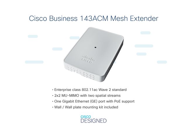 Cisco Business 143ACM Mesh Extender - Wi-Fi range extender - Wi-Fi 5 - 2.4 GHz, 5 GHz - DC power - wall mountable