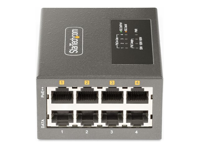 StarTech 4-Port Multi-Gigabit PoE++ Injector, 5/2.5G Ethernet (NBASE-T), PoE/PoE+/PoE++ (802.3af/802.3at/802.3bt), 160Watts Power Budget, Wall/DIN Rail Mountable - Unmanaged, For IP Cameras/Wireless APs/POSs (AS445C-POE-INJECTOR) - PoE injector (DIN rail