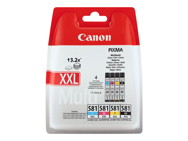 Canon CLI-581XXL C/M/Y/BK Multi Pack - 4-pack - 11.7 ml - Very High Yield - black, yellow, cyan, magenta - original - ink tank - for PIXMA TS6251, TS6350, TS6351, TS705, TS8252, TS8350, TS8351, TS8352, TS9550, TS9551