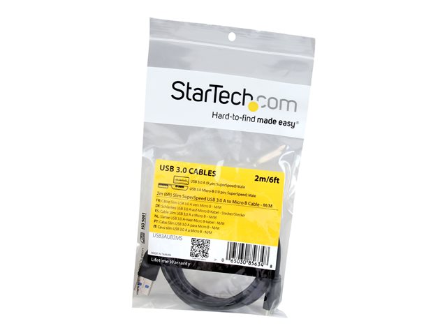 StarTech 2m 6ft Slim USB 3.0 A to Micro B Cable M/M - Mobile Charge Sync USB 3.0 Micro B Cable for Smartphones and Tablets (USB3AUB2MS) - USB cable - Micro-USB Type B (M) to USB Type A (M) - USB 3.0 - 2 m - molded - black - for P/N: BNDTBUSB3142, HBS304A2