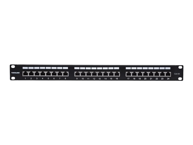Intellinet Patch Panel, Cat6a, FTP, 24-Port, 1U, Shielded, 90° Top-Entry Punch Down Blocks, Black - patch panel - 1U - 19"
