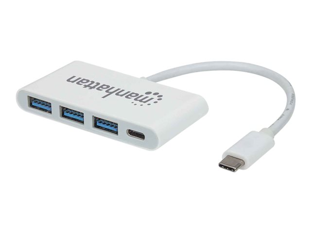 Manhattan USB-C Dock/Hub, Ports (x4): USB-A (x3) and USB-C, 5 Gbps (USB 3.2 Gen1 aka USB 3.0), With Power Delivery (60W) to USB-C Port (Note additional USB-C wall charger and USB-C cable needed), SuperSpeed USB, White, Three Year Warranty, Blister - hub -