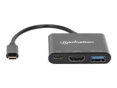 Manhattan USB-C Dock/Hub, Ports (x3): HDMI, USB-A and USB-C, With Power Delivery (100W) to USB-C Port (Note additional USB-C wall charger and USB-C cable needed), Cable 10cm, Black, Three Year Warranty, Retail Box - docking station - USB-C 3.2 Gen 1 - HDM