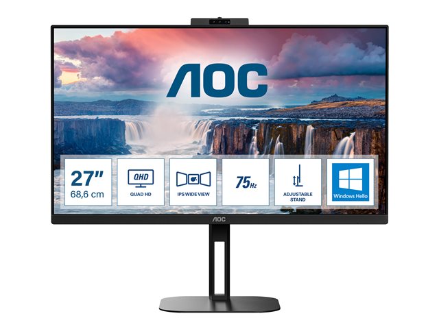 AOC Value-line Q27V5CW/BK - V5 series - LED monitor - 27" - 2560 x 1440 QHD @ 75 Hz - IPS - 300 cd/m² - 1000:1 - 4 ms - HDMI, DisplayPort, USB-C - speakers - black