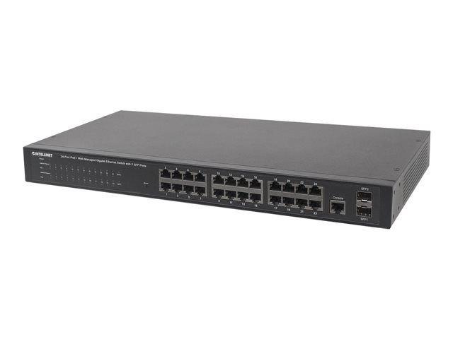 Intellinet 24-Port Gigabit Ethernet PoE+ Web-Managed Switch with 2 SFP Ports, 24 x PoE ports, IEEE 802.3at/af Power over Ethernet (PoE+/PoE), 2 x SFP, Endspan, 19" Rackmount (UK Power Cord) - switch - 24 ports - Managed - rack-mountable