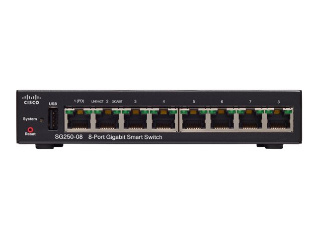 Cisco 250 Series SG250-08 - Switch - L3 - smart - 8 x 10/100/1000 (1 PoE, 1 PoE+) - rack-mountable - PoE+