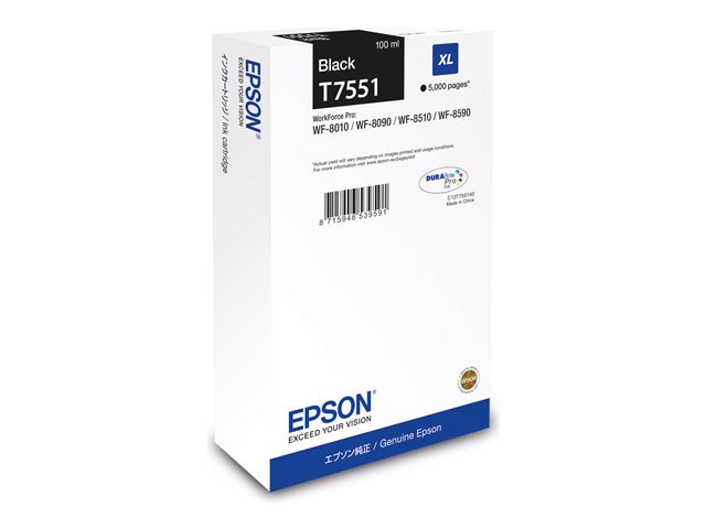 Epson T7551 - 100 ml - XL size - black - original - ink cartridge - for WorkForce Pro WF-8090, WF-8590