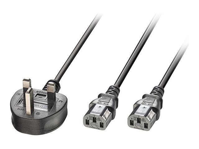 2.5m UK 3 Pin Plug to 2 x IEC C13 Splitter Extension Power Cable Black