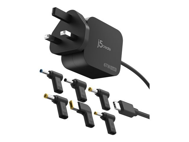 j5create JUP1565DCF-FN power adapter - GaN, with 3 DC connector types - 24 pin USB-C - 67 Watt