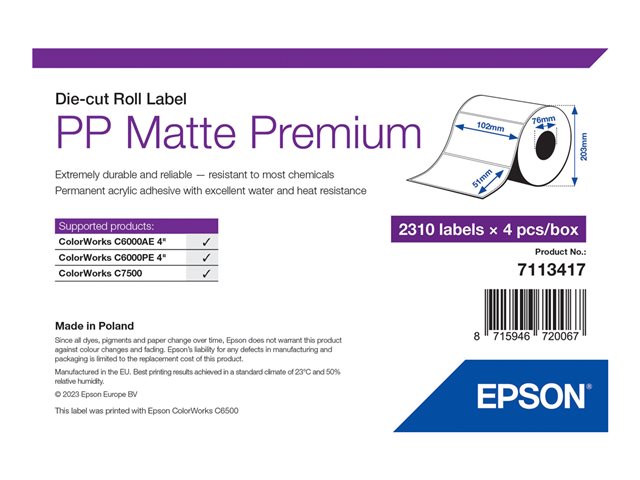 PP MATTE LABEL PREM DIE-CUT ROLL 102X51MM 2310 LABELS