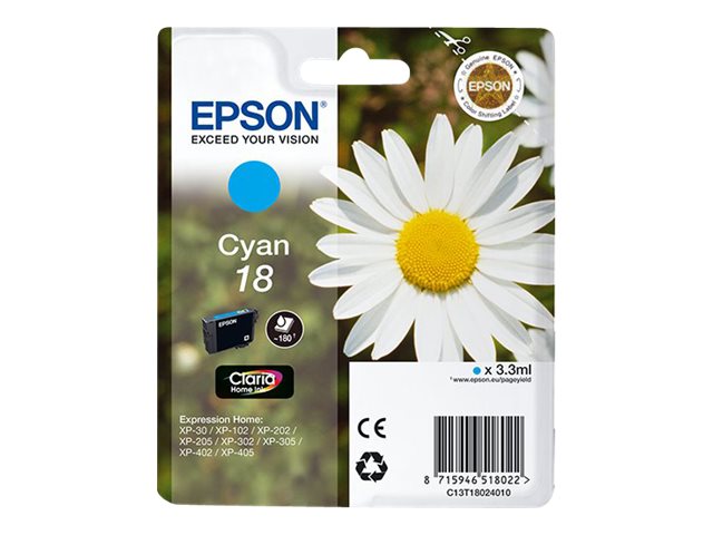 Epson 18 - Cyan - original - blister with RF/acoustic alarm - ink cartridge - for Expression Home XP-212, 215, 225, 312, 315, 322, 325, 412, 415, 422, 425