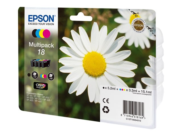 Epson 18 Multipack - 4-pack - black, yellow, cyan, magenta - original - blister with RF/acoustic alarm - ink cartridge - for Expression Home XP-212, 215, 225, 312, 315, 322, 325, 412, 415, 422, 425