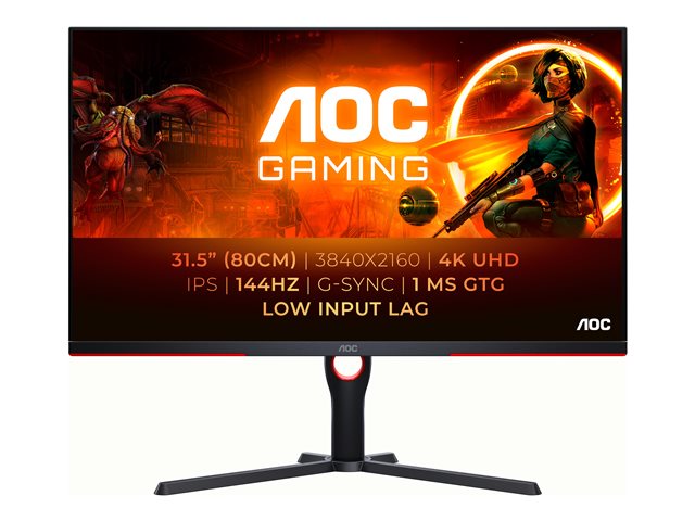 AOC Gaming U32G3X/BK - LED monitor - gaming - 32" (31.5" viewable) - 3840 x 2160 4K UHD (2160p) @ 144 Hz - IPS - 1000:1 - 1 ms - 2xHDMI, 2xDisplayPort - speakers - black, red