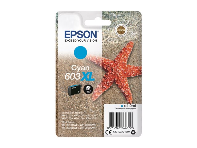 Epson Ink Cartridges, 603XL, Starfish, Singlepack, 1 x 4.0 ml Cyan, XL