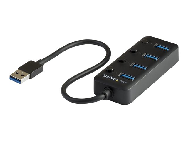 Startech 4 Port USB 3.0 Hub, USB-A to 4x USB 3.0 Type-A with Individual On/Off Port Switches, SuperSpeed 5Gbps USB 3.1/USB 3.2 Gen 1, USB Bus Powered, Portable, 9.8" Attached Cable - Windows/macOS/Linux (HB30A4AIB) - Hub - 4 x USB 3.1 Gen 1 - desktop - fo