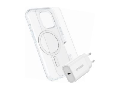 OtterBox Symmetry Series - Back cover for mobile phone - MagSafe compatibility - clear - with Premium Glass Screen protector and Fast Charge Wall Charger USB-C 30W - for Apple iPhone 16