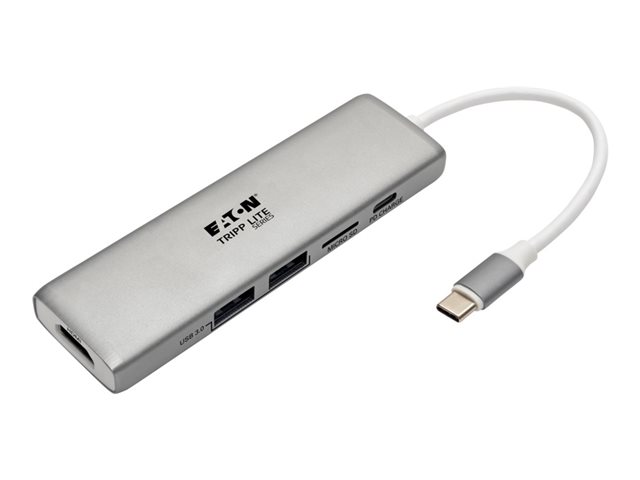 Eaton Tripp Lite Series USB C Docking Station Adapter, 4K @ 30 Hz, HDMI, Thunderbolt 3, PD Charging, Micro SD - Silver, USB Type C, USB-C, USB Type-C - docking station - USB-C 3.1 / Thunderbolt 3 - HDMI - 1GbE