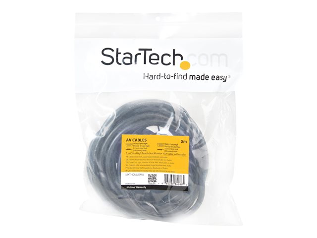 StarTech 5m Coax High Resolution Monitor VGA Video Cable with Audio - VGA cable - HD-15 (VGA), mini-phone stereo 3.5 mm (M) to HD-15 (VGA), mini-phone stereo 3.5 mm (M) - 5 m - molded, thumbscrews - black