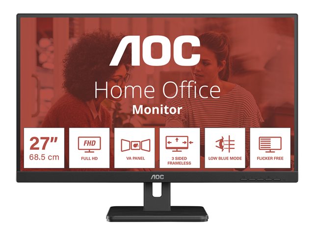 AOC Essential-line 27E3UM/BK - LED monitor - 27" - 1920 x 1080 Full HD (1080p) @ 75 Hz - VA - 300 cd/m² - 3000:1 - 4 ms - 2xHDMI, VGA, DisplayPort - speakers - black