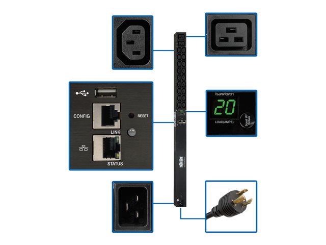 Tripp Lite 3.3/3.7kW Single-Phase Monitored PDU, LX Platform Interface, 208/230V Outlets (18 C13/2 C19), C20/L6-20P, 0U 90cm/35.5 in., TAA - power distribution unit - 3.7 kW - TAA Compliant