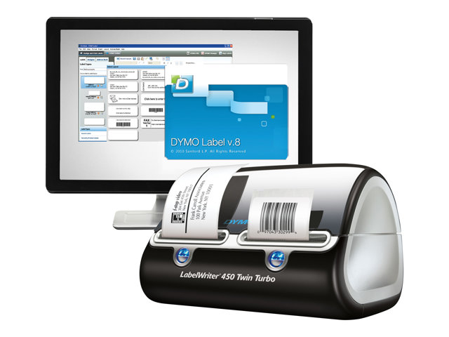 DYMO LabelWriter 450 Twin Turbo Label Printer. 2 rolls of labels ready to print. Label, mail, and file smarter with proprietary DYMO Label" v.8 Software. Prints up to 71 labels per minute, thermal printing technology, prints directly from Microsoft Office