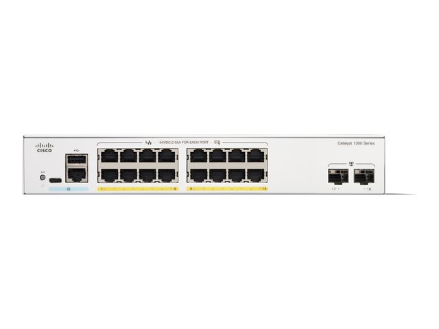 Cisco Catalyst 1300-16P-2G - Switch - L3 - Managed - 16 x 10/100/1000 (PoE+) + 2 x Gigabit SFP - rack-mountable - PoE+ (120 W)