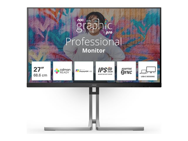 AOC Q27U3CV - Graphic Pro Series - LED monitor - 27" - 2560 x 1440 QHD @ 75 Hz - IPS - 1000:1 - DisplayHDR 400 - 4 ms - HDMI, DisplayPort, USB-C - speakers - black