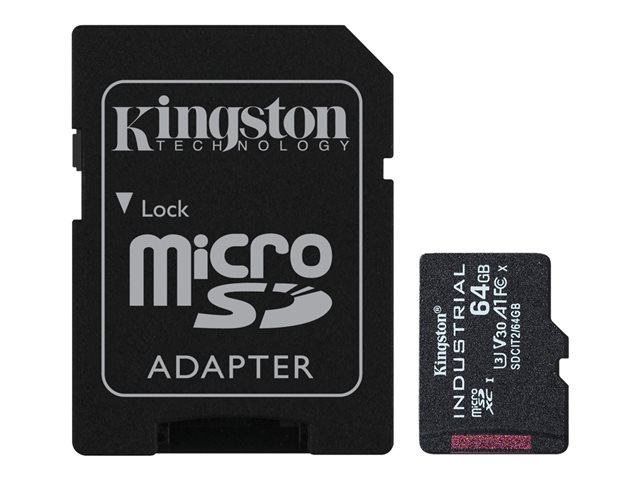 Kingston Industrial - Flash memory card (microSDXC to SD adapter included) - 64 GB - A1 / Video Class V30 / UHS-I U3 / Class10 - microSDXC UHS-I