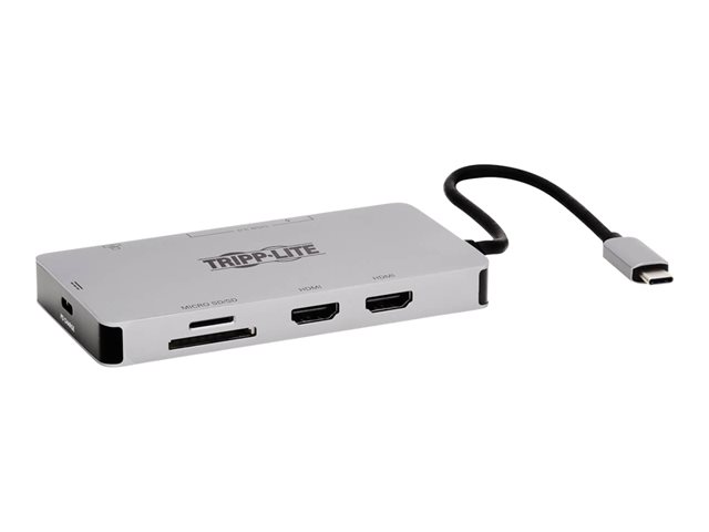 Tripp Lite USB-C Dock, Dual Display - 4K 60 Hz HDMI, USB 3.2 Gen 1, USB-A Hub, GbE, Memory Card, 100W PD Charging, Gray - docking station - USB-C - 2 x HDMI - GigE