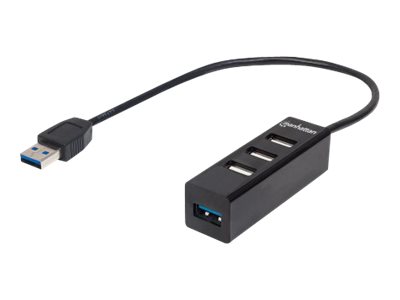 Manhattan USB-A 4-Port Hub, 4x USB-A Ports (1x 5 Gbps USB 3.2 Gen1 aka USB 3.0, 3 x 480 Mbps USB 2.0), Bus Powered, Black, Three Year Warranty, Blister - hub - 4 ports