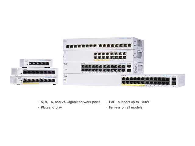 Cisco Business 110 Series 110-24T - Switch - unmanaged - 24 x 10/100/1000 + 2 x combo Gigabit SFP - rack-mountable, desktop, wall-mountable