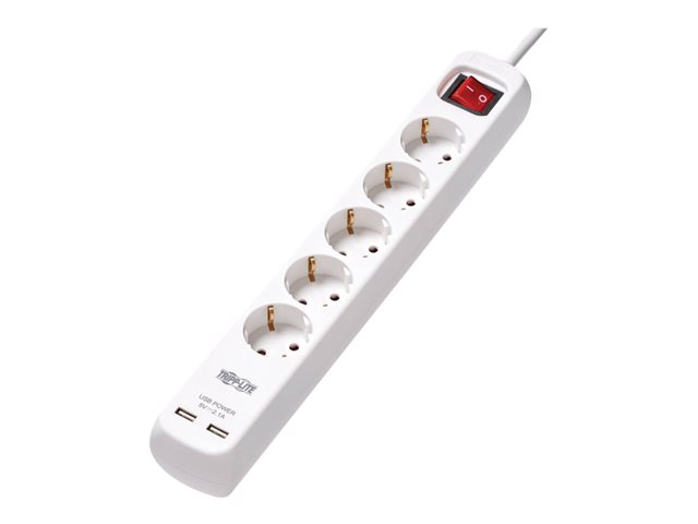 Tripp Lite 5-Outlet Power Strip with USB-A Charging - Schuko Outlets, 220-250V, 16A, 3 m Cord, Schuko Plug, White - power strip