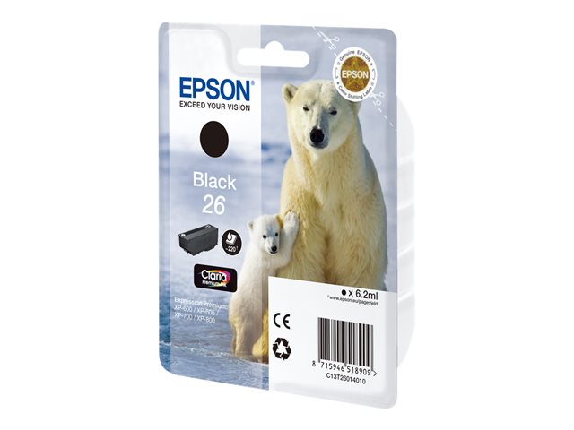 Epson 26 - 6.2 ml - black - original - blister with RF/acoustic alarm - ink cartridge - for Expression Premium XP-510, 520, 600, 605, 610, 615, 620, 625, 700, 710, 720, 800, 810, 820