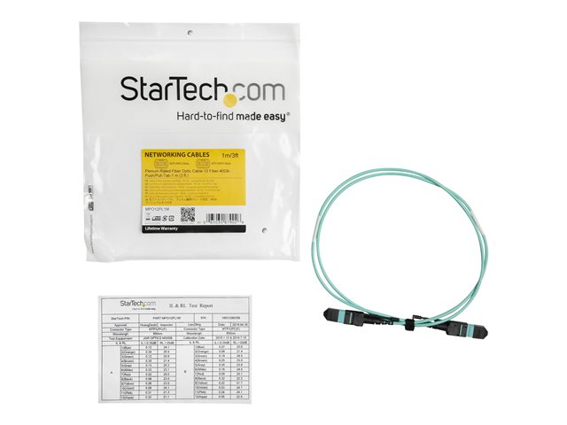 Startech MTP Fiber Optic Cable - 3 ft / 1m - OM3 - 40Gb - Push / Pull Tab - Plenum - MPO / MTP Connector - Fiber Patch Cable (MPO12PL1M) - Network cable - MTP/MPO multi-mode (F) push/pull to MTP/MPO multi-mode (F) push/pull - 1 m - 1 m - fibre optic - 50