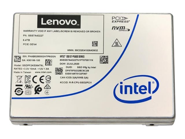 Intel P5620 - SSD - Mixed Use - encrypted - 3.2 TB - hot-swap - 2.5" - U.2 PCIe 4.0 x4 (NVMe) - Self-Encrypting Drive (SED), TCG Opal Encryption 2.01 - for ThinkSystem SR650 V2 7D15 (2.5"), 7Z72 (2.5"), 7Z73 (2.5")